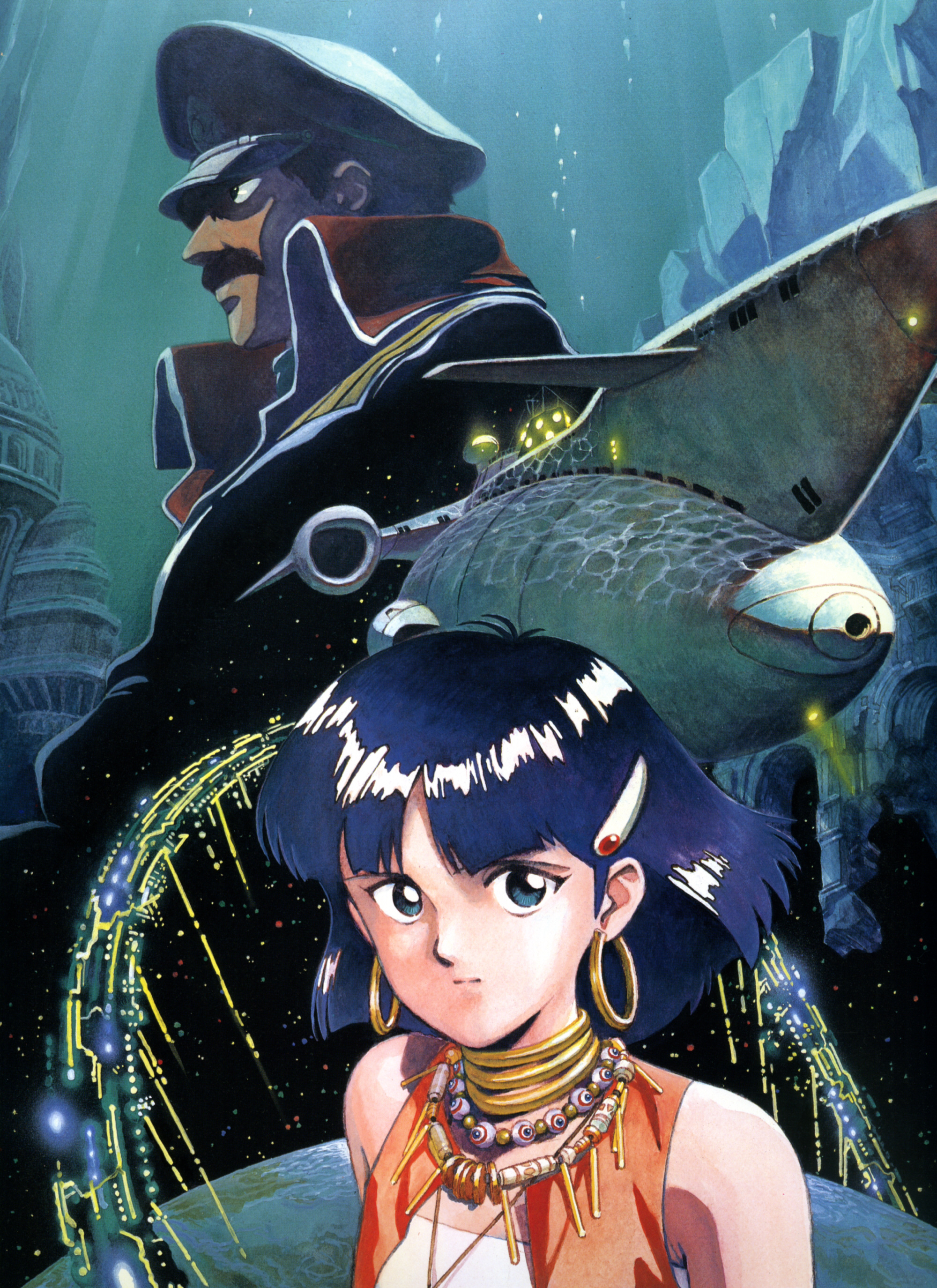 nadia la arwall, nemo (nadia), fushigi no umi no nadia, absurdres, highres, tagme, 1990s (style), 1boy, 1girl, blue eyes, blue hair, bob cut, earrings, earth (planet), hair ornament, hairclip, hat, hoop earrings, jewelry, military, military uniform, neck ring, necklace, planet, retro artstyle, space, submarine, underwater, upper body, watercraft