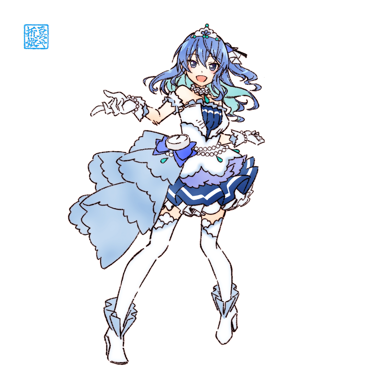 oriotohime, hoshimachi suisei, hololive, idolmaster, idolmaster cinderella girls, idolmaster cinderella girls starlight stage, highres, 1girl, blue eyes, blue hair, breasts, full body, gloves, long hair, looking at viewer, simple background, small breasts, solo, standing, starry sky bright (idolmaster), white background, white gloves