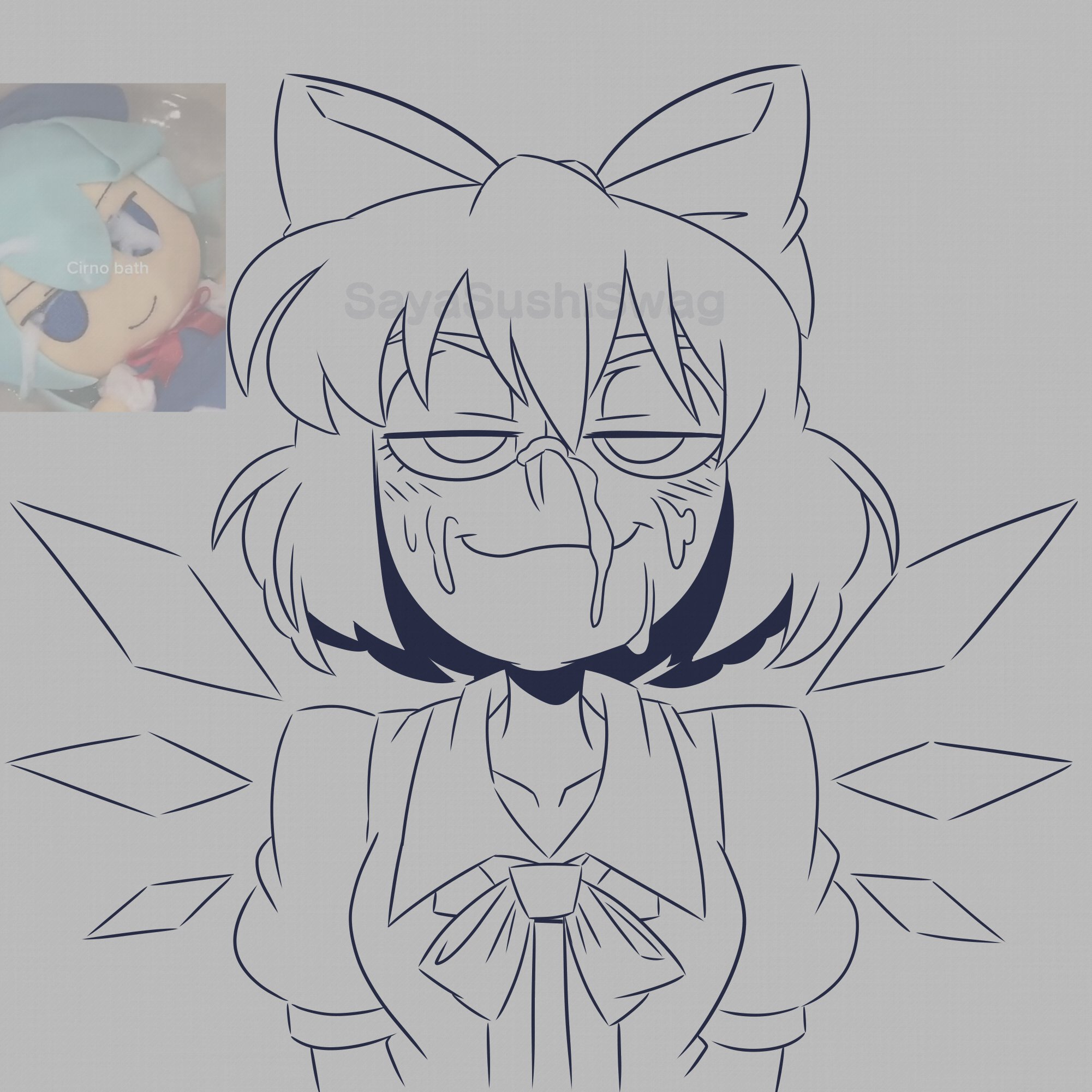 sayasushiswag, cirno, touhou, highres, photo-referenced, 1girl, blush, bow, collarbone, collared shirt, grey background, ice, ice wings, looking at viewer, monochrome, neck ribbon, photo inset, puffy sleeves, ribbon, shirt, short hair, short sleeves, smile, solo, suggestive fluid, wings