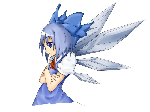 cirno, embodiment of scarlet devil, touhou, bad id, bad pixiv id, 1girl, black hair, blue eyes, blue hair, bow, dress, female focus, hair bow, matching hair/eyes, short hair, simple background, solo, white background, wings