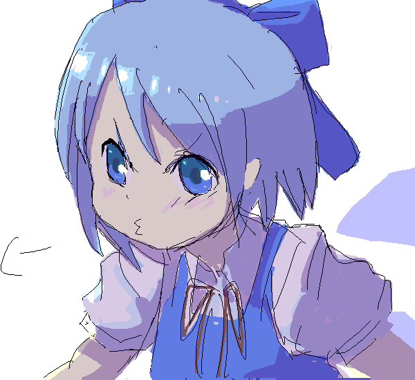 nagaike, cirno, embodiment of scarlet devil, touhou, bad id, bad pixiv id, 1girl, blue eyes, blue hair, female focus, matching hair/eyes, oekaki, pale skin, solo, upper body, white background