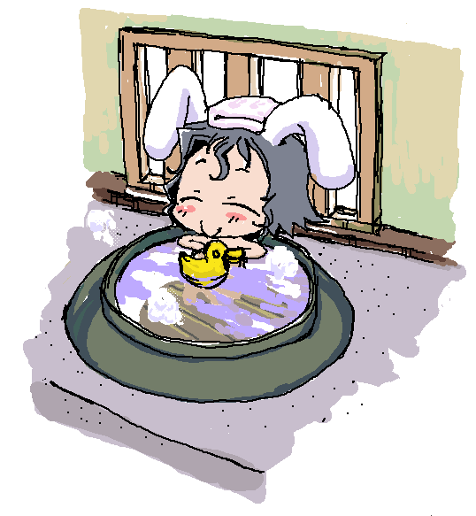 baku taso, itigekimaru, inaba tewi, touhou, 1girl, ^ ^, animal ears, bath, bathing, blush, chibi, closed eyes, female focus, happy, rabbit ears, rubber duck, solo