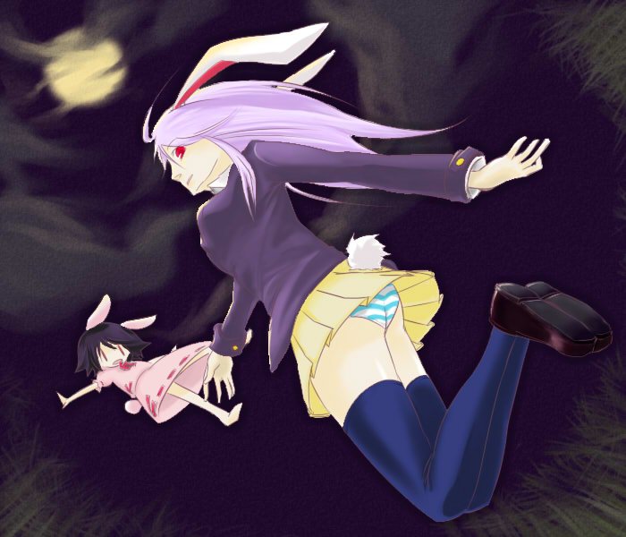 satou, inaba tewi, reisen udongein inaba, touhou, 2girls, animal ears, ass, female focus, full body, multiple girls, outdoors, panties, rabbit ears, sky, thighhighs, underwear