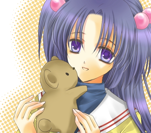 min-mu, ichinose kotomi, clannad, bad id, bad pixiv id, lowres, 00s, bear, blue eyes, blue hair, school uniform, serafuku, solo
