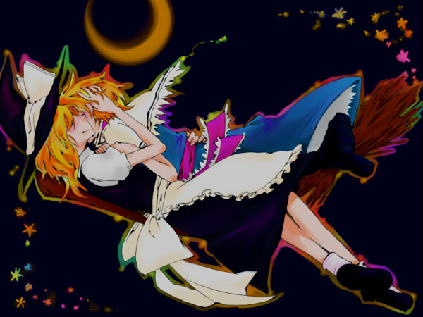 satou, alice margatroid, kirisame marisa, touhou, 2girls, blonde hair, blue dress, blush, broom, capelet, closed eyes, dress, female focus, hug, moon, multiple girls, short hair, smile, yuri
