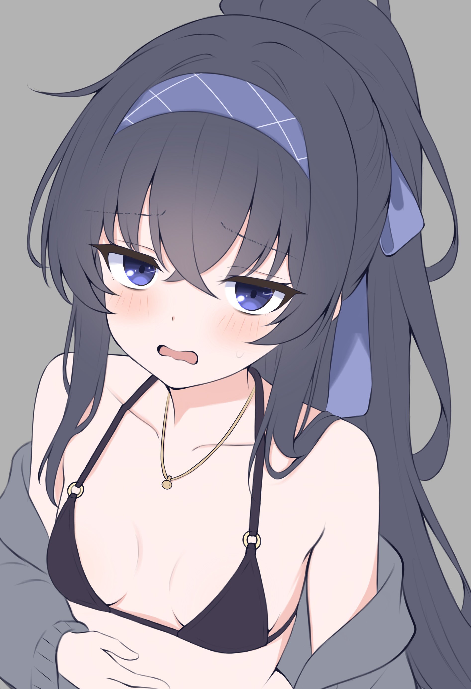kurumi kororin, ui (blue archive), ui (swimsuit) (blue archive), blue archive, absurdres, highres, 1girl, bags under eyes, blue eyes, blue hair, breasts, long hair, looking at viewer, open mouth, ponytail, small breasts, solo