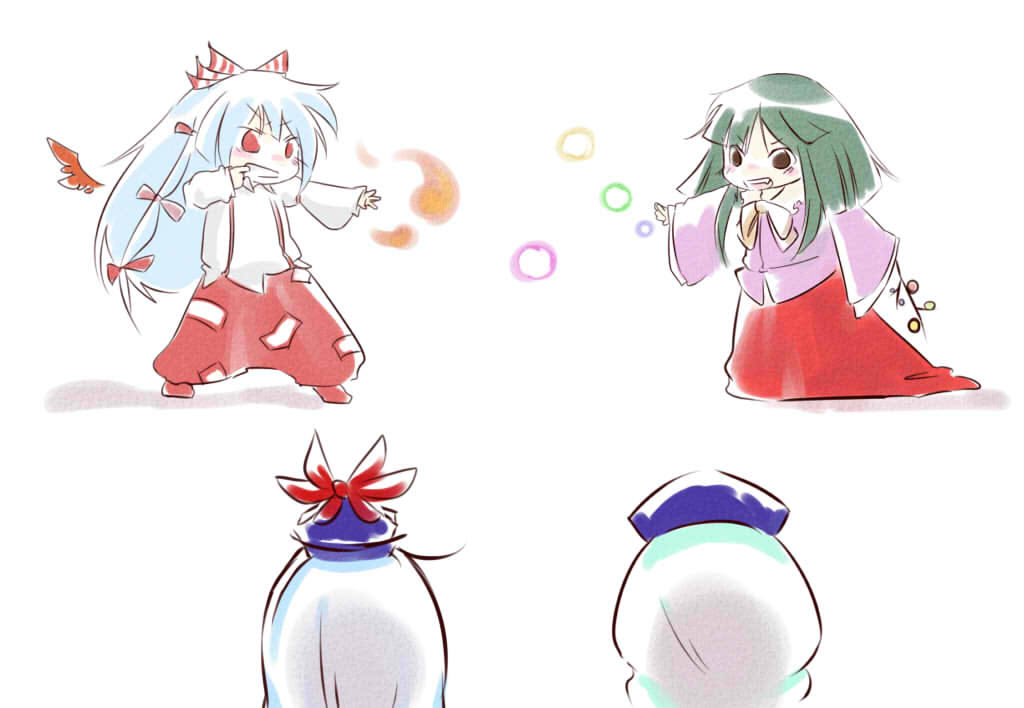 satou, fujiwara no mokou, houraisan kaguya, kamishirasawa keine, yagokoro eirin, touhou, 4girls, chibi, danmaku, female focus, fighting, multiple girls, rivalry