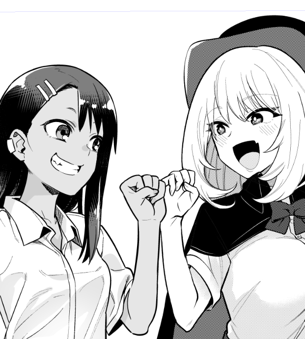 774 (nanashi), nagatoro hayase, tejina senpai, ijiranaide nagatoro-san, tejina senpai (series), official art, 2girls, :d, collared shirt, earrings, fang, greyscale, grin, hat, jewelry, looking at another, monochrome, multiple girls, open mouth, shirt, simple background, single earring, skin fang, smile, teeth, upper body, white background, white shirt, witch, witch hat