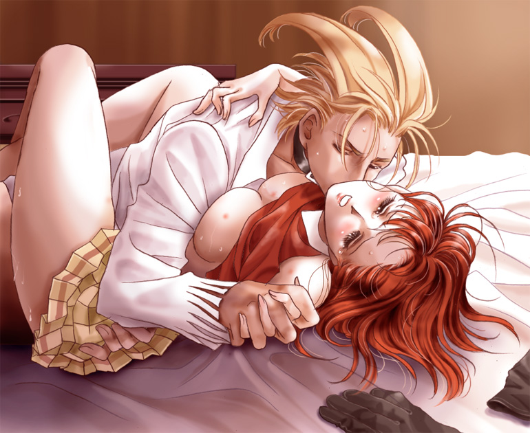 gustaf, primiera, saga, saga frontier 2, square enix, 1boy, 1girl, bed, blonde hair, blush, breasts, closed eyes, clothed sex, clothes lift, collar, gloves, hetero, holding hands, indoors, kiss, missionary, no bra, on bed, red hair, sex, shirt lift, skirt, sweat
