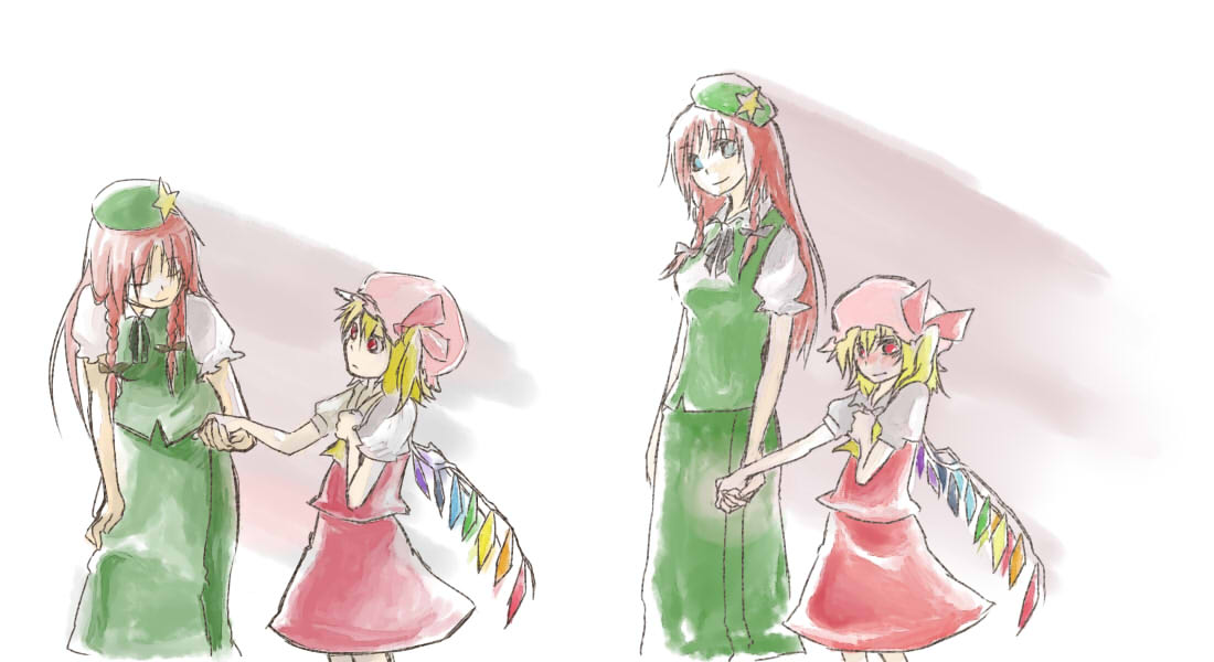 satou, flandre scarlet, hong meiling, embodiment of scarlet devil, touhou, 2girls, age difference, beret, china dress, chinese clothes, crystal, demon wings, dress, female focus, flat chest, green dress, green eyes, hat, height difference, holding hands, mob cap, multiple girls, onee-loli, puffy short sleeves, puffy sleeves, red dress, red hair, short sleeves, simple background, star (symbol), white background, wings, yuri