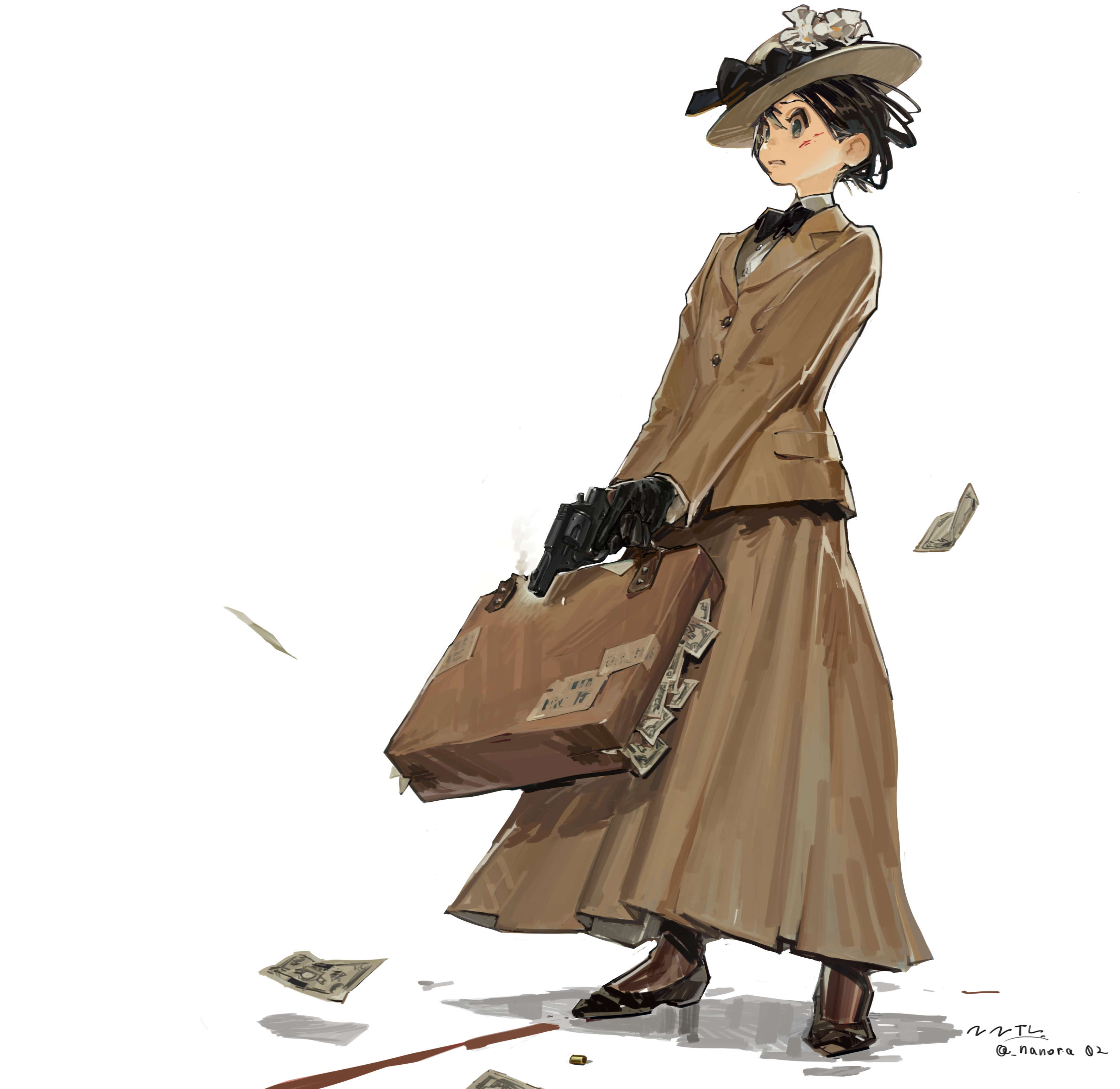 nanora, original, absurdres, commentary request, highres, 1girl, artist name, banknote, black bow, black bowtie, black gloves, black hair, black shoes, blood, blood on face, blood on ground, boater hat, bow, bowtie, briefcase, brown hat, brown jacket, brown skirt, clenched teeth, collared shirt, falling money, finger on trigger, flower, from side, full body, gloves, green eyes, grimace, gun, hair between eyes, handgun, hat, hat bow, hat flower, holding, holding briefcase, holding gun, holding weapon, jacket, lapels, long skirt, long sleeves, looking ahead, money, notched lapels, open mouth, revolver, shadow, shell casing, shirt, shoes, short hair, signature, simple background, skirt, smoke, smoking barrel, solo, standing, teeth, twitter username, weapon, white background, white flower, white shirt