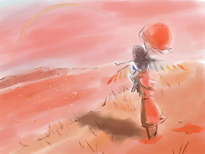 satou, flandre scarlet, hong meiling, embodiment of scarlet devil, touhou, 2girls, crystal, demon wings, female focus, from behind, full body, grass, hat, mob cap, monochrome, multiple girls, outdoors, red theme, scenery, standing, wide shot, wings