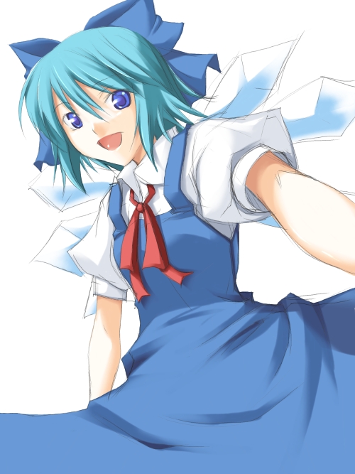 ribi, cirno, embodiment of scarlet devil, touhou, 1girl, bow, female focus, simple background, smile, solo