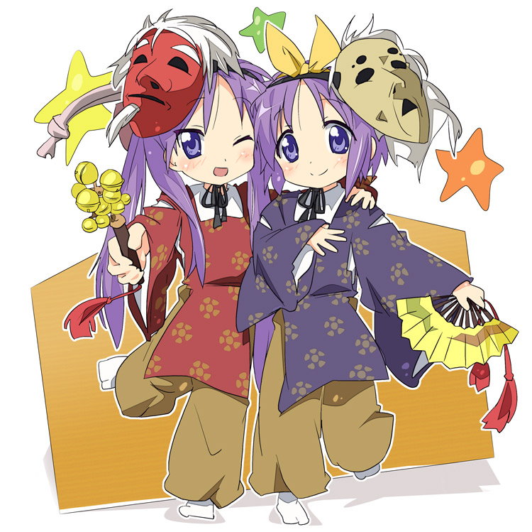 ixy, hiiragi kagami, hiiragi tsukasa, lucky star, 00s, 2girls, arm around neck, arm on another's shoulder, bell, folding fan, hairband, hand fan, japanese clothes, jingle bell, long hair, mask, multiple girls, purple eyes, purple hair, short hair, siblings, sisters, standing, star (symbol), tabi, twins, twintails, wink
