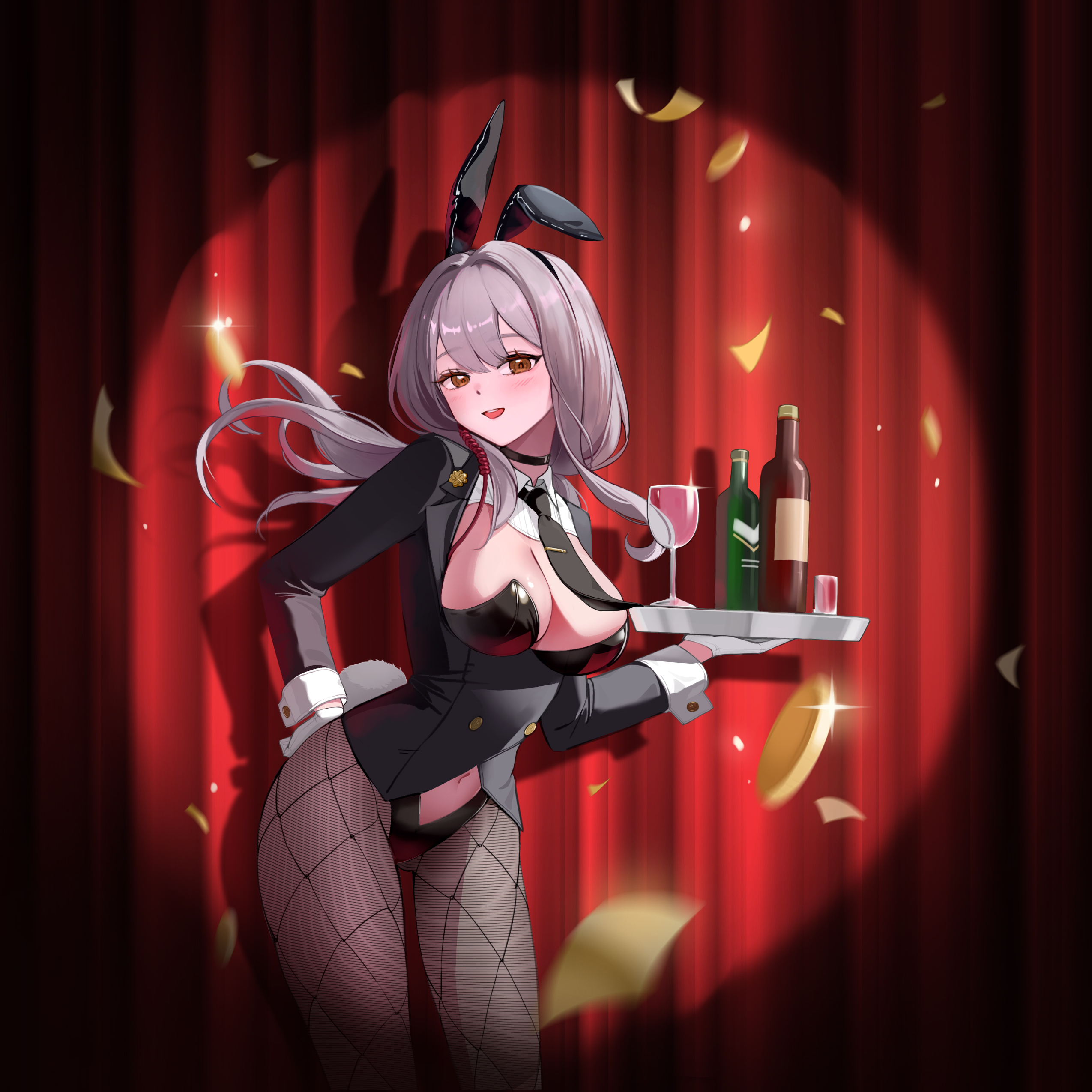 uz (uzru0428), ade (agent bunny) (nikke), ade (nikke), scarlet (nikke), goddess of victory: nikke, absurdres, commentary request, highres, korean commentary, 1girl, :d, ade (nikke) (cosplay), animal ear hairband, animal ears, black choker, black jacket, black leotard, black necktie, blush, bottle, breasts, brown eyes, choker, cleavage, clothing cutout, coin, confetti, cosplay, cowboy shot, cup, curtains, detached collar, earpiece, fake animal ears, fake tail, fishnet pantyhose, fishnets, gloves, grey hair, hair between eyes, hairband, hand on own hip, highleg, highleg leotard, holding, holding tray, jacket, large breasts, leotard, long hair, long sleeves, looking at viewer, navel, navel cutout, necktie, open mouth, pantyhose, playboy bunny, rabbit ear hairband, rabbit ears, rabbit tail, shadow, sidelocks, smile, solo, sparkle, spotlight, stage curtains, standing, strapless, strapless leotard, tail, teeth, tray, upper teeth only, white gloves, wine bottle, wrist cuffs