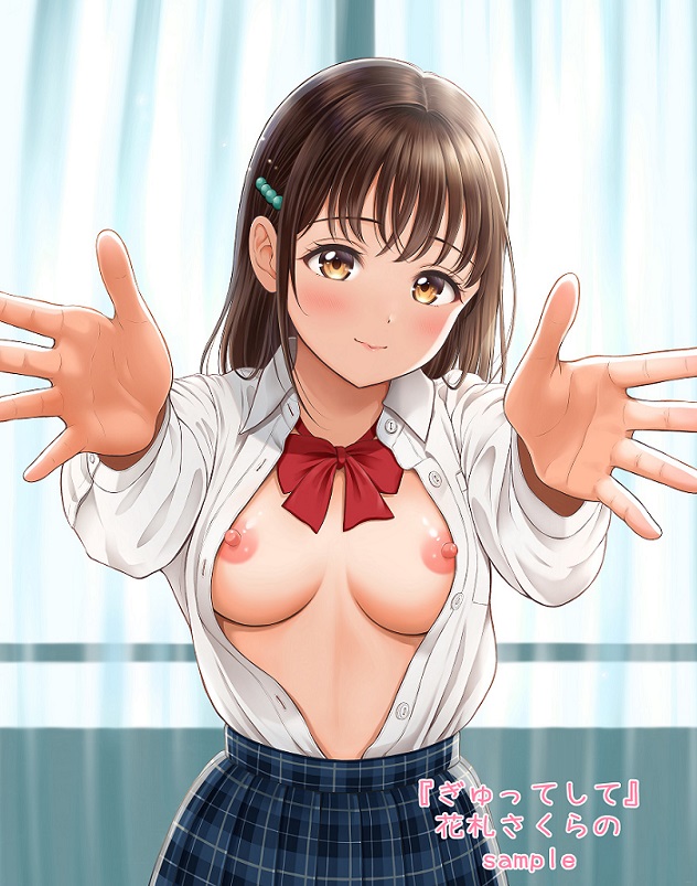 hanafuda sakura, original, commentary request, 1girl, aqua skirt, blush, bow, bowtie, breasts, brown eyes, brown hair, choppy bangs, closed mouth, cowboy shot, crossed bangs, curtains, indoors, large breasts, long hair, long sleeves, looking at viewer, nipples, no bra, open clothes, open shirt, outstretched arms, pearl hair ornament, plaid clothes, plaid skirt, reaching, reaching towards viewer, red bow, red bowtie, school uniform, shirt, shirt tucked in, skirt, smile, solo, standing, straight-on, unbuttoned, white shirt, window
