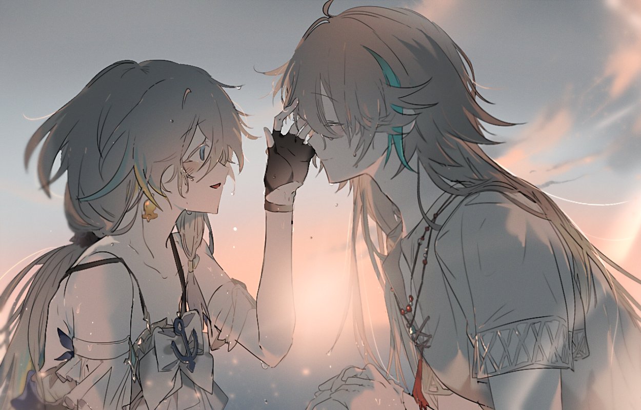 fu hua, fu hua (seagull's soar), fu hua (shadow knight), su (honkai impact), honkai (series), honkai impact 3rd, 1boy, 1girl, anchor ornament, black gloves, bow, bowtie, closed eyes, earrings, fff st 001, fingerless gloves, gloves, grey hair, jewelry, long hair, looking at another, low ponytail, multicolored hair, official alternate costume, ponytail, shirt, short sleeves, smile, streaked hair, sunset, upper body, white bow, white bowtie