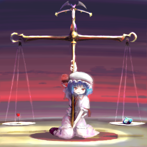 tsubasa (abchipika), remilia scarlet, touhou, lowres, 1girl, balancing, blue hair, female focus, hat, looking at viewer, oekaki, red eyes, short hair, sitting, solo, weighing scale