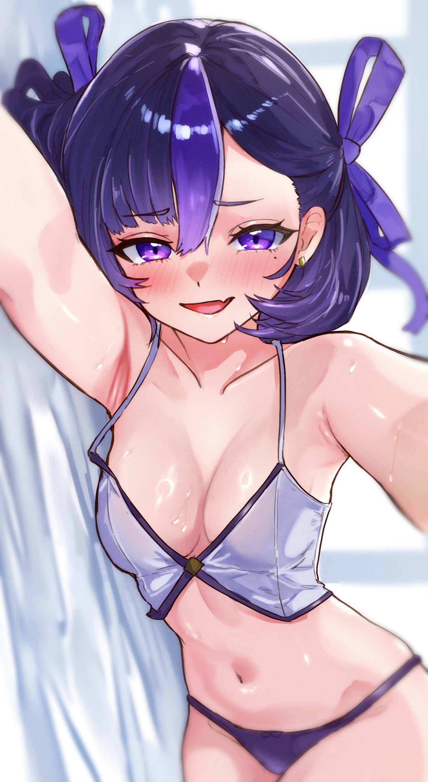 kunimoto rikuya, syuen (nikke), goddess of victory: nikke, absurdres, highres, 1girl, bed, black hair, blush, breasts, earrings, fang, hair ribbon, indoors, jewelry, looking at viewer, lying, mole, mole under eye, multicolored hair, navel, on side, open mouth, panties, petite, pov, purple eyes, purple hair, purple panties, purple ribbon, purple streaks, ribbon, shiny skin, short hair, skin fang, small breasts, solo, streaked hair, sweat, underwear