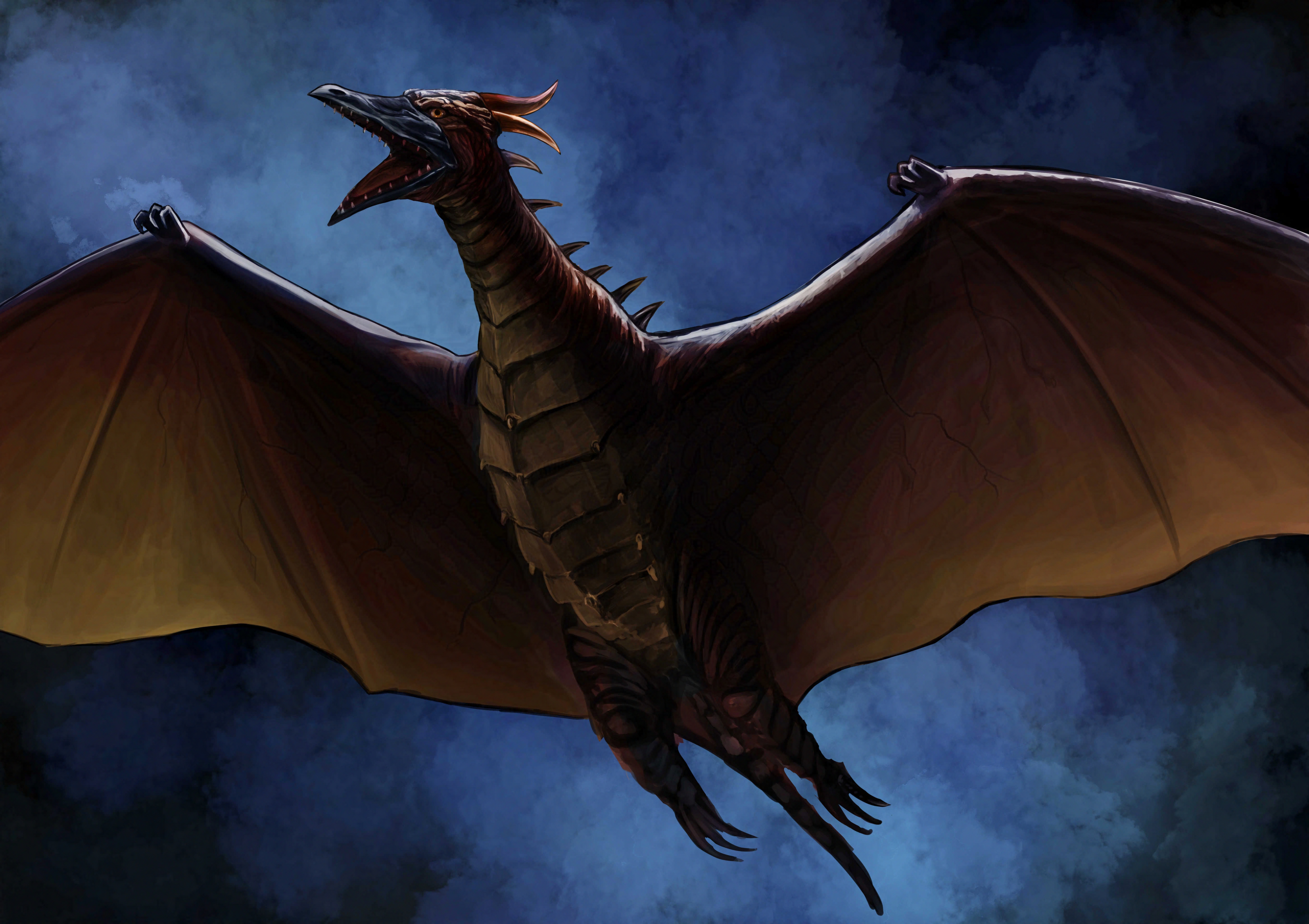 gattyo, fire rodan, rodan, godzilla (series), godzilla vs. mechagodzilla ii, absurdres, commentary, highres, back spikes, beak, claws, colored smoke, dark background, flying, full body, horns, kaiju, looking ahead, midair, monster, monster focus, no humans, open mouth, orange eyes, pterosaur, scales, sharp teeth, smoke, spikes, spread wings, tail, teeth, tokusatsu, wings