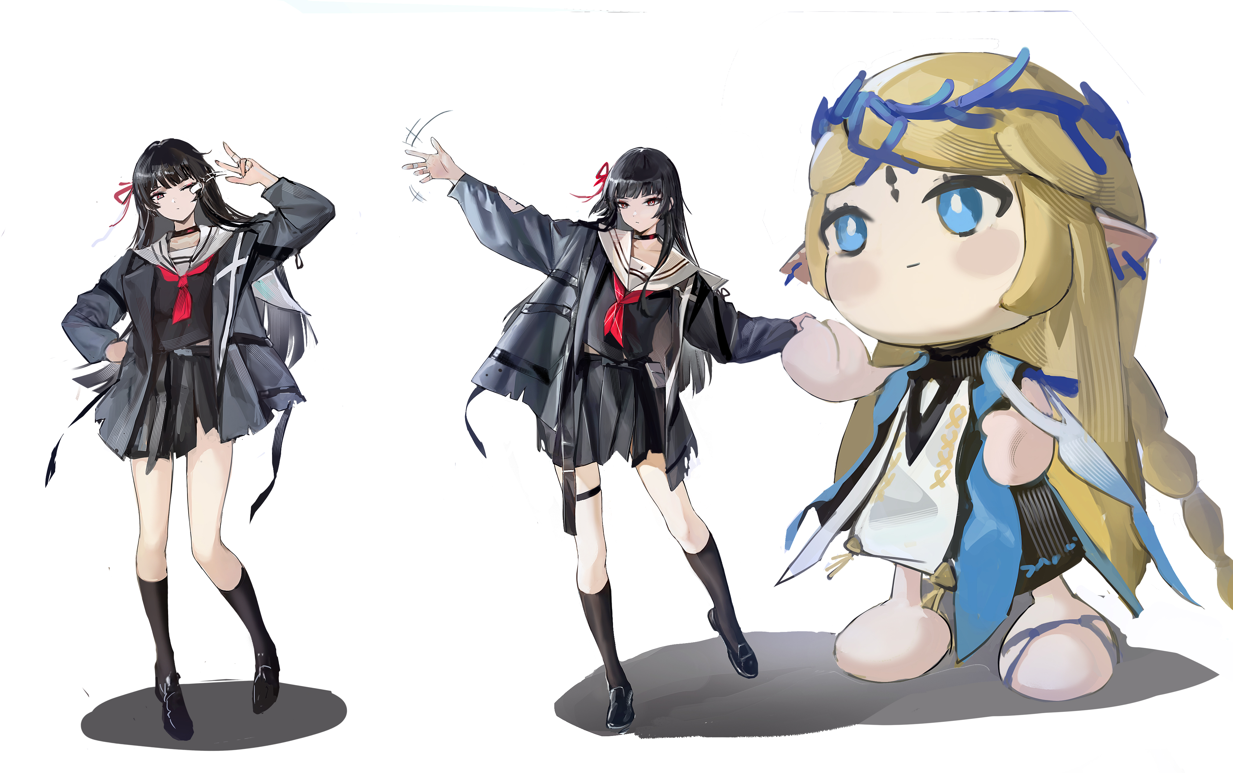 goti (gotie23), cartethyia (wuthering waves), chisa (wuthering waves), wuthering waves, absurdres, highres, photo-referenced, 2girls, black hair, black jacket, black serafuku, black shirt, black shoes, black skirt, black socks, blue eyes, blush stickers, earrings, hair ribbon, hand on own hip, holding hands, jacket, jewelry, kneehighs, loafers, long hair, mascot costume, multiple girls, multiple views, neckerchief, open clothes, open jacket, pointy ears, red eyes, red neckerchief, red ribbon, ribbon, sailor collar, sailor shirt, school uniform, serafuku, shadow, shirt, shoes, simple background, skirt, socks, very long hair, waving arm, white background, white sailor collar