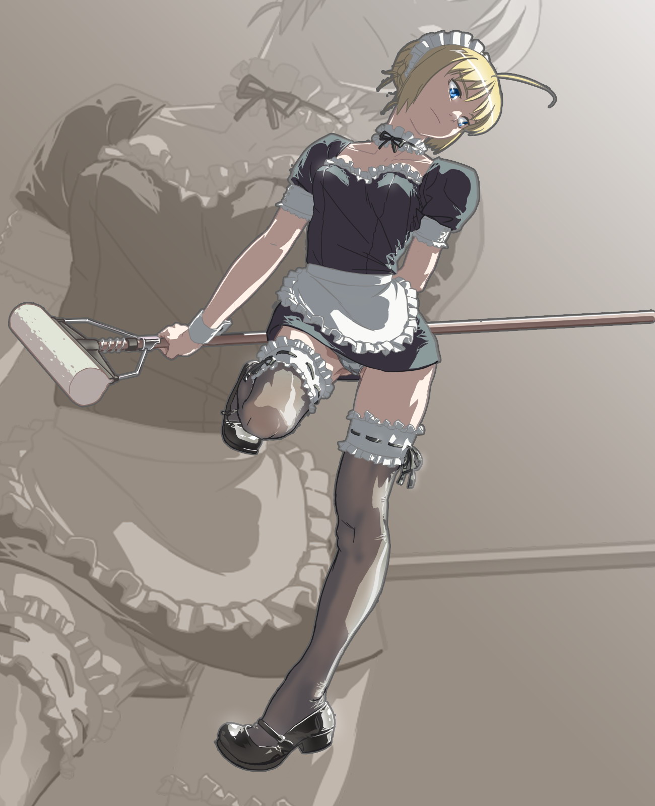 geister, artoria pendragon (fate), saber (fate), fate/stay night, fate (series), highres, 00s, 1girl, ahoge, arm behind back, blonde hair, blue eyes, choker, female focus, frilled thighhighs, frills, legs, maid, maid headdress, mary janes, mop, official alternate costume, panties, pantyshot, shoes, skirt, solo, thighhighs, underwear, upskirt, zoom layer