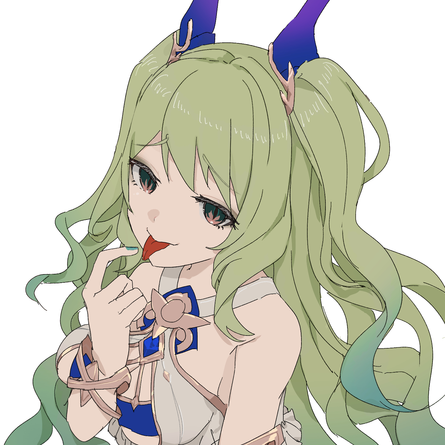 miaooon, mobius (daughter of corals) (honkai impact), mobius (honkai impact), honkai (series), honkai impact 3rd, commentary, highres, 1girl, blue horns, breasts, fake horns, green hair, horns, long hair, mermaid costume, official alternate costume, simple background, slit pupils, small breasts, solo, tongue, tongue out, upper body, very long hair, white background