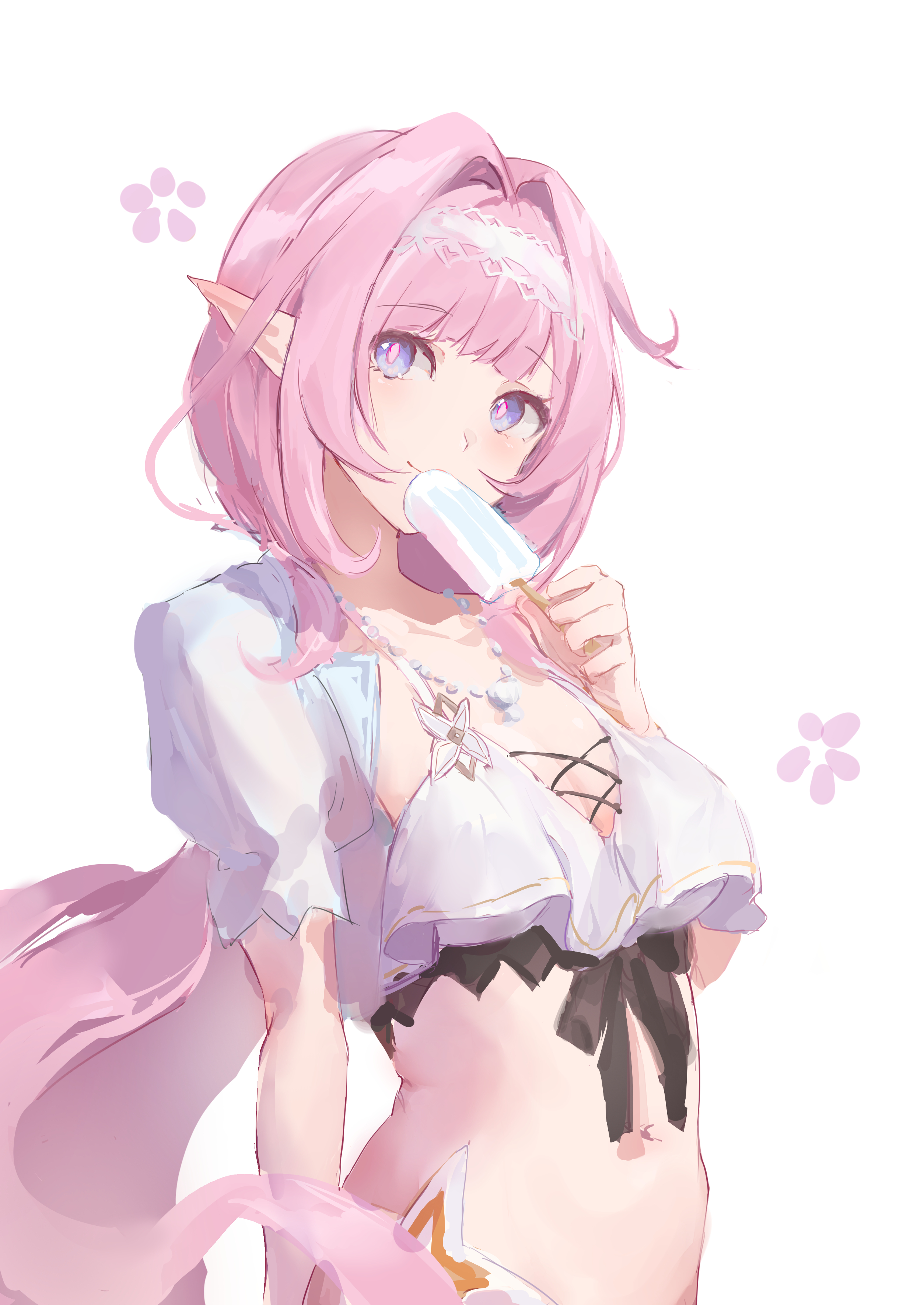 miaooon, elysia (honkai impact), elysia (miss pink elf) (honkai impact), elysia (summer miss elf) (honkai impact), honkai (series), honkai impact 3rd, absurdres, highres, 1girl, bikini, blue eyes, breasts, elf, food, food in mouth, hairband, holding, holding food, holding popsicle, jewelry, large breasts, long hair, looking at viewer, navel, necklace, official alternate costume, pink hair, pointy ears, popsicle, popsicle in mouth, shell, shell necklace, simple background, solo, stomach, swimsuit, upper body, very long hair, white background, white bikini, white hairband