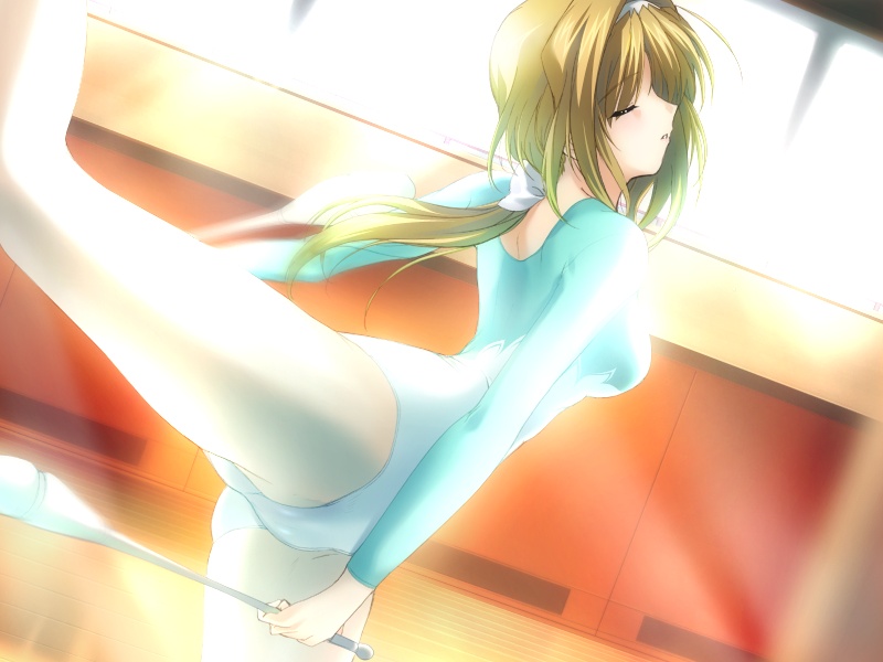 onigirikun, takamori haruka, choukou (alicesoft), choukou sennin haruka, game cg, 00s, 1girl, arched back, brown hair, closed eyes, dancing, dutch angle, female focus, flexible, gym, gymnastics, juggling club, leg lift, leotard, pantyhose, ponytail, rhythmic gymnastics, solo, spandex, white pantyhose