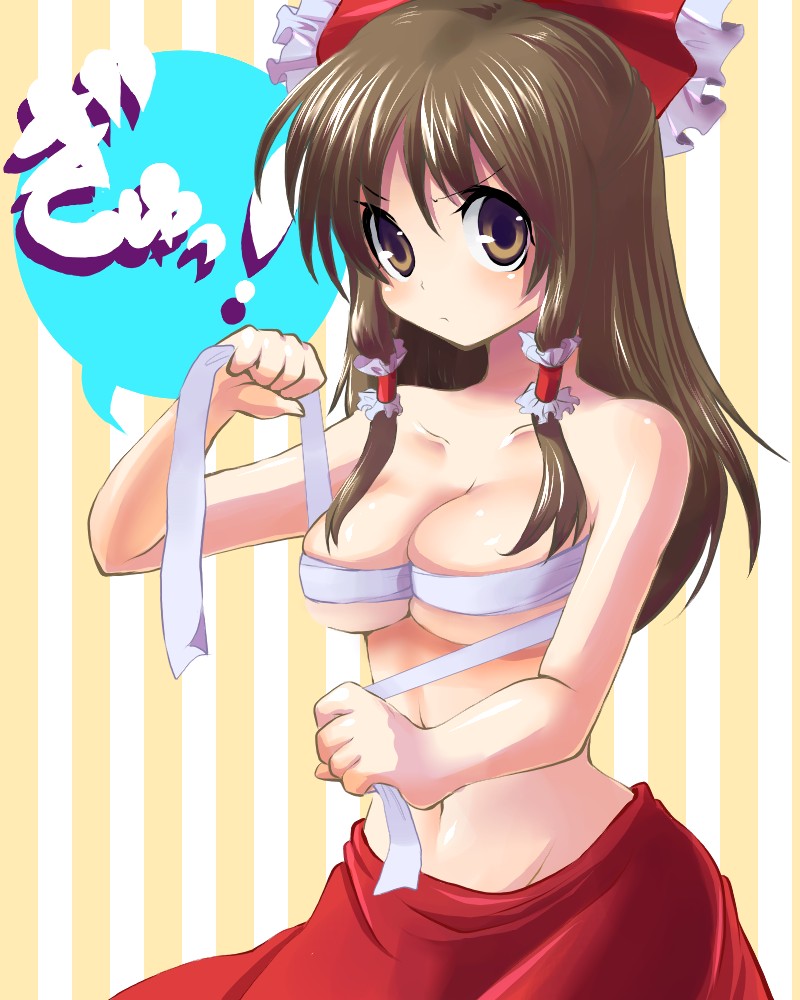 kobanzame, hakurei reimu, touhou, bad id, bad pixiv id, jpeg artifacts, 1girl, bandages, black hair, bow, breasts, breasts squeezed together, brown eyes, brown hair, cleavage, female focus, frown, groin, hair bow, hair tubes, japanese clothes, large breasts, long hair, miko, sarashi, simple background, solo, striped background
