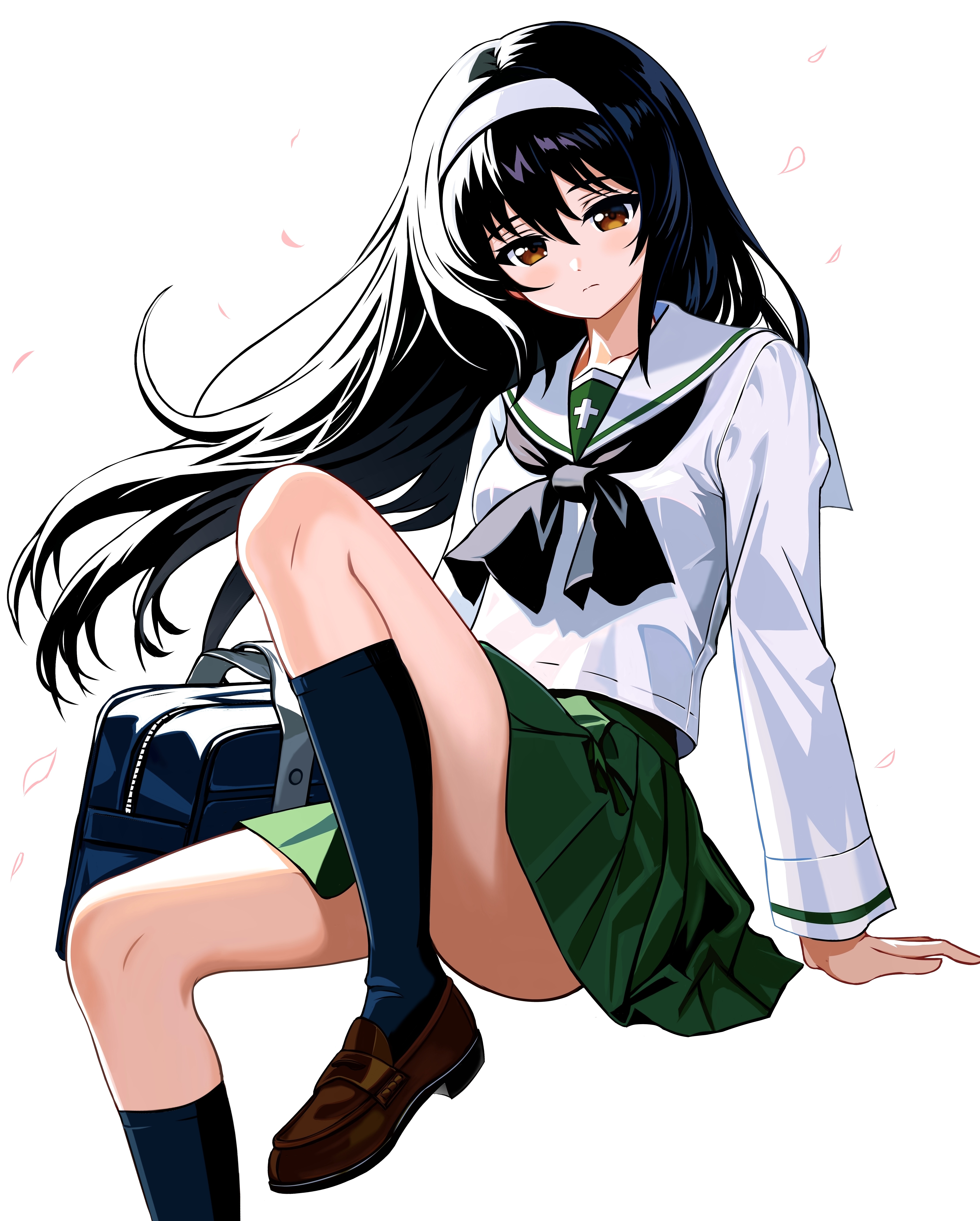 zaofeng, reizei mako, girls und panzer, absurdres, highres, bag, black hair, black neckerchief, black socks, breasts, brown eyes, collarbone, collared shirt, headband, loafers, long hair, looking at viewer, neckerchief, pleated skirt, sailor collar, school bag, school uniform, shirt, shoes, skindentation, skirt, small breasts, socks, very long hair, white background, white shirt