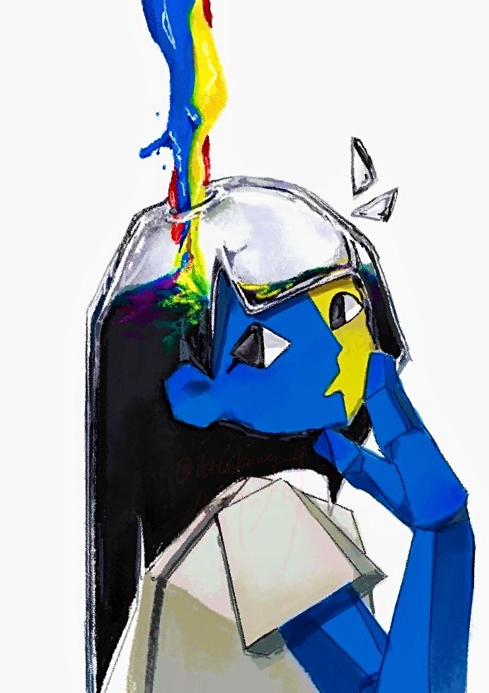 ikitakawa, ena (ena), sad ena, ena (series), ena (web series), black eyes, black hair, blue skin, blunt bangs, colored skin, cubism, ena (species), floating head, long hair, low poly, multicolored skin, short sleeves, simple background, split-color skin, surreal, two-tone skin, yellow skin