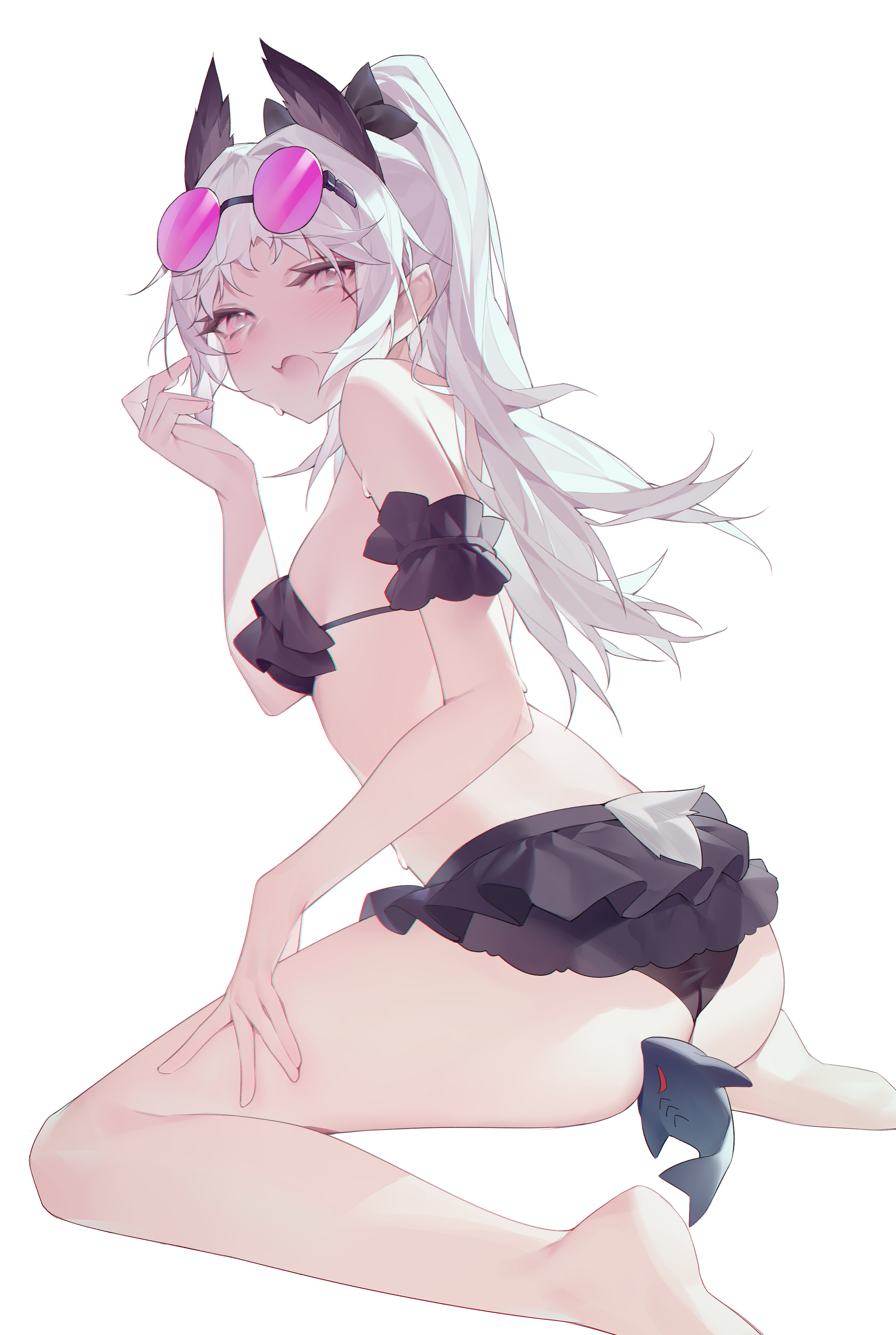 darling0221, irene (arknights), arknights, absurdres, commentary request, highres, 1girl, ass, bikini, black bikini, breasts, eyewear on head, frilled bikini, frills, head wings, looking at viewer, open mouth, pink-framed eyewear, pink eyes, round eyewear, simple background, small breasts, solo, sunglasses, swimsuit, white background, wings