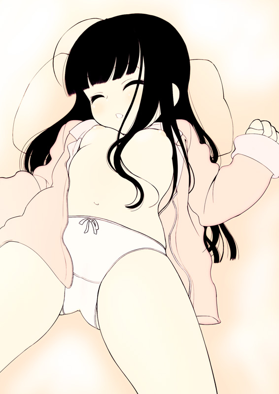 royalwatts, original, 1girl, black hair, blush, female focus, loli, long hair, open clothes, open shirt, panties, shirt, solo, underwear