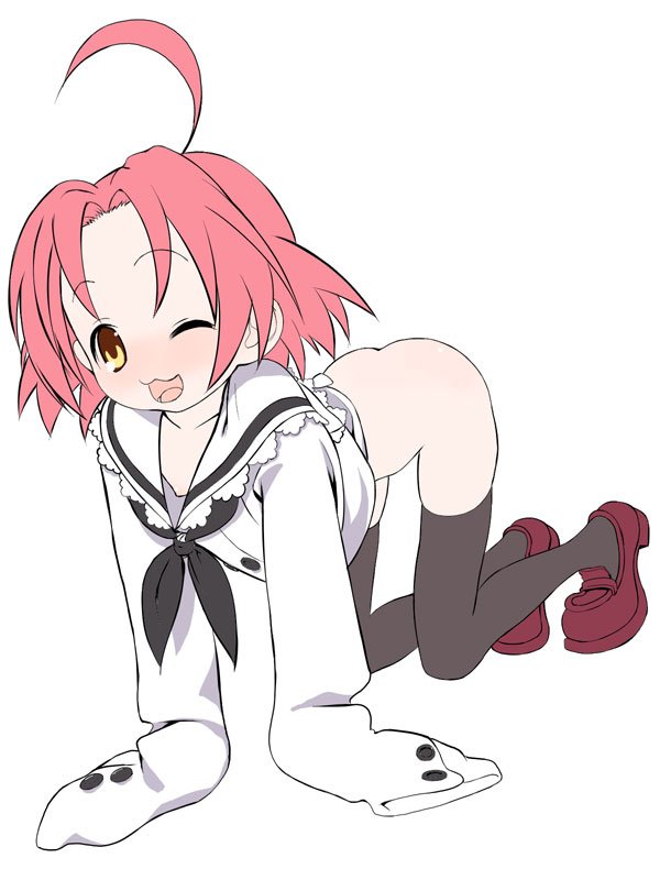 royalwatts, kogami akira, lucky star, 00s, 1girl, ass, bottomless, female focus, flat chest, loli, long sleeves, nipple slip, nipples, no panties, pink hair, school uniform, serafuku, sleeves past fingers, sleeves past wrists, solo, thighhighs
