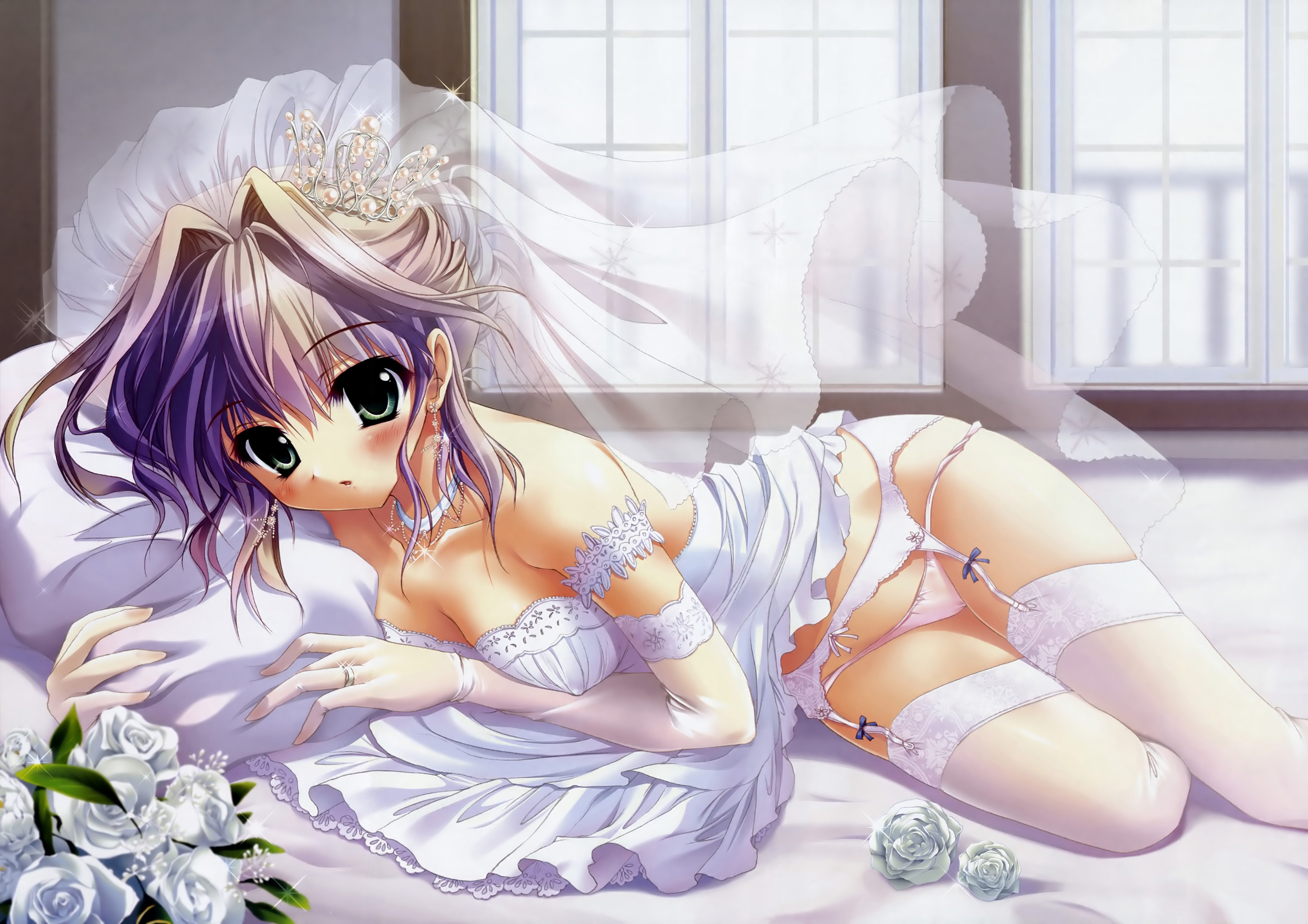 izumi tsubasu, absurdres, highres, 1girl, bed, blush, breasts, bride, cleavage, dress, earrings, elbow gloves, female focus, flower, garter belt, gloves, green eyes, jewelry, legs together, lying, necklace, panties, purple hair, rose, solo, thighhighs, underwear, wedding dress, white flower, white rose, white thighhighs