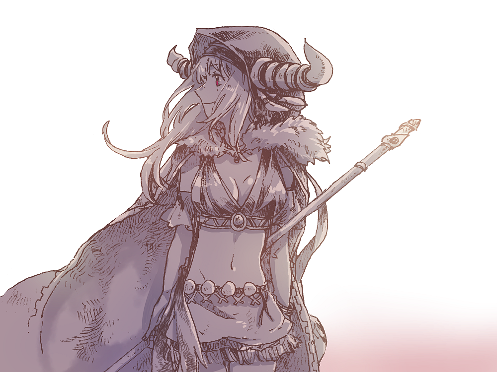 michibata 65, ilulu (another eden), another eden, commentary request, 1girl, arms at sides, bracelet, breasts, brown theme, cape, cleavage, closed mouth, cowboy shot, crop top, cropped shirt, detached sleeves, floating cape, floating hair, fur-trimmed cape, fur trim, holding, holding behind back, holding staff, holding weapon behind back, hood, hood up, hooded cape, horns, horns through headwear, jewelry, large breasts, long hair, looking to the side, miniskirt, monochrome, navel, profile, red eyes, shirt, sidelocks, simple background, skirt, sleeveless, sleeveless shirt, smile, solo, staff, standing, stomach, turning head, white background