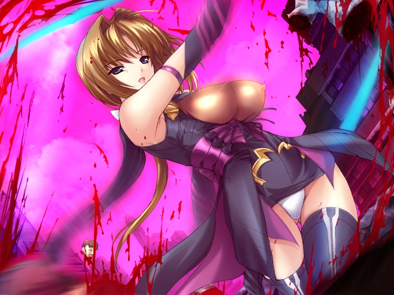 onigirikun, takamori haruka, choukou (alicesoft), choukou sennin haruka, game cg, 00s, 1girl, blood, blue eyes, breasts, brown hair, cameltoe, covered erect nipples, decapitation, dual wielding, elbow gloves, female focus, gloves, guro, holding, impossible clothes, ninja, nipples, panties, ponytail, severed head, solo, sword, thighhighs, underwear, weapon, white panties