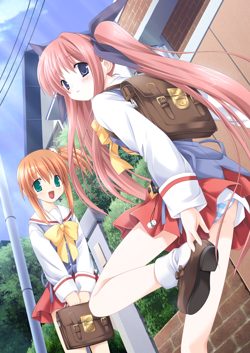nekoyashiki miiko, sugawara mizuka, hapikuri ~happy christmas~, 2girls, backpack, bag, blue eyes, briefcase, green eyes, long hair, multiple girls, orange hair, panties, pink hair, randoseru, ribbon, school bag, school briefcase, school uniform, serafuku, striped clothes, striped panties, twintails, underwear, upskirt