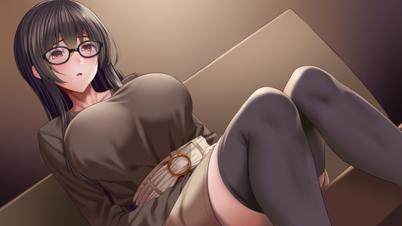 huyumitsu, original, 1girl, black hair, blush, breasts, brown eyes, collarbone, couch, dress, glasses, grey dress, grey thighhighs, large breasts, long hair, on couch, sitting, solo, thighhighs
