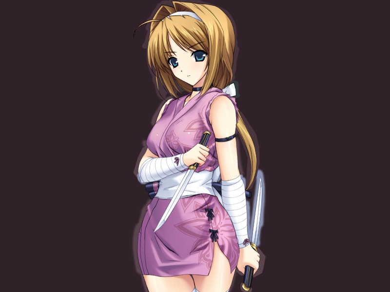 onigirikun, takamori haruka, choukou (alicesoft), choukou sennin haruka, traditional clothes, game cg, 00s, 1girl, blue eyes, brown hair, choker, elbow gloves, female focus, gloves, japanese clothes, knife, ninja, ponytail, reverse grip, side slit, solo, sword, weapon