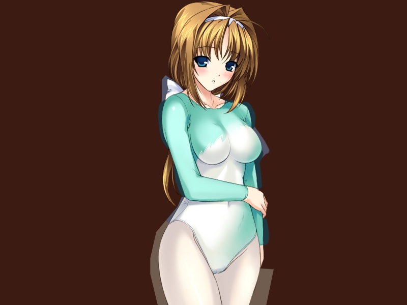 onigirikun, takamori haruka, choukou (alicesoft), choukou sennin haruka, game cg, 00s, 1girl, blue eyes, blush, breasts, brown hair, female focus, hairband, headband, leotard, long hair, pantyhose, ponytail, solo, spandex