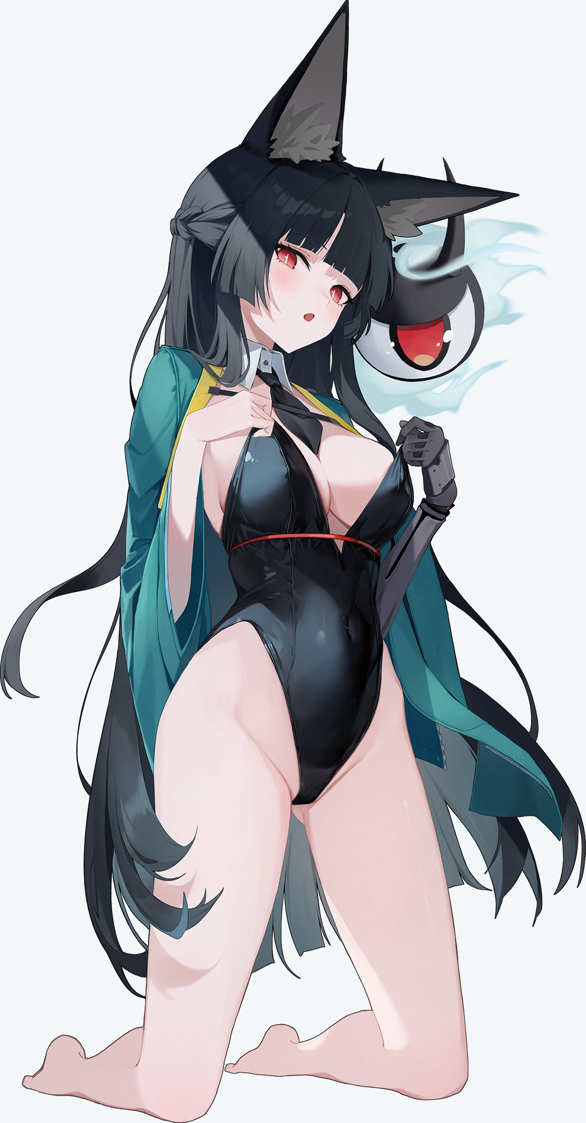 bbul horn, hoshimi miyabi, zenless zone zero, highres, 1girl, animal ear fluff, animal ears, bare legs, barefoot, black hair, black leotard, black necktie, blue jacket, blunt bangs, blunt sidelocks, blush, breasts, covered navel, detached collar, fox ears, fox girl, highleg, highleg leotard, jacket, kneeling, large breasts, leotard, long hair, looking at viewer, mechanical arms, necktie, open mouth, red eyes, sidelocks, single mechanical arm, solo