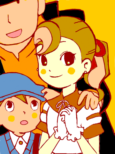 aroma reinford, aroma reinhold, hershel layton, luke triton, level-5, professor layton, 00s, 1girl, 2boys, blush, child, gloves, hat, multiple boys, open mouth, ponytail, short ponytail, smile