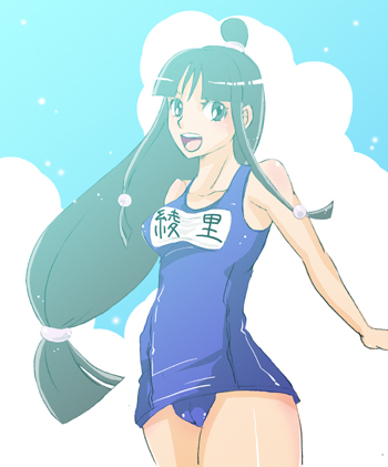 maya fey, ace attorney, capcom, lowres, 1girl, blue one-piece swimsuit, cameltoe, character name, female focus, half updo, long hair, low-tied long hair, name tag, one-piece swimsuit, ponytail, school swimsuit, simple background, solo, swimsuit, teeth, upper teeth only