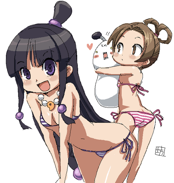 bou (artist), maya fey, pearl fey, ace attorney, capcom, 2girls, ahoge, ass, bent over, bikini, black hair, blush, brown eyes, brown hair, child, flat chest, gem, half updo, jewelry, long hair, lowleg, lowleg bikini, magatama, multiple girls, necklace, oekaki, open mouth, pearl (gemstone), purple eyes, short hair, side-tie bikini bottom, smile, striped bikini, striped clothes, swimsuit, very long hair