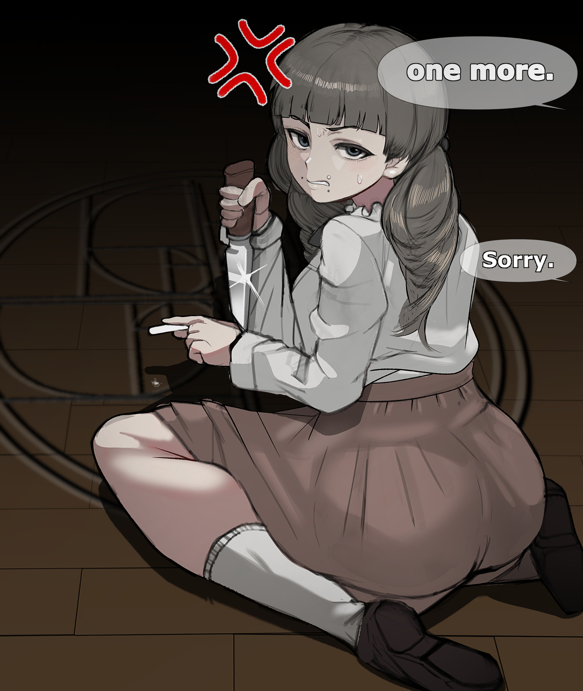 minami no uo-za, marina (fear & hunger), fear & hunger (series), fear & hunger 2: termina, absurdres, hashtag-only commentary, highres, 1girl, anger vein, angry, ass, blunt bangs, brown eyes, brown hair, brown shoes, chalk, clenched teeth, english text, face piercing, frilled shirt collar, frills, glint, holding, holding chalk, holding knife, knife, long hair, long sleeves, looking at viewer, mouth piercing, on floor, piercing, pink skirt, reverse grip, shirt, shirt tucked in, shoes, sitting, skirt, socks, solo, speech bubble, sweat, teeth, twintails, wariza, white shirt, white socks, wooden floor