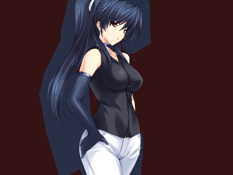 onigirikun, subaru (choukou sennin haruka), choukou (alicesoft), choukou sennin haruka, game cg, 00s, 1girl, blue hair, casual, choker, elbow gloves, female focus, gloves, ponytail, red eyes, solo
