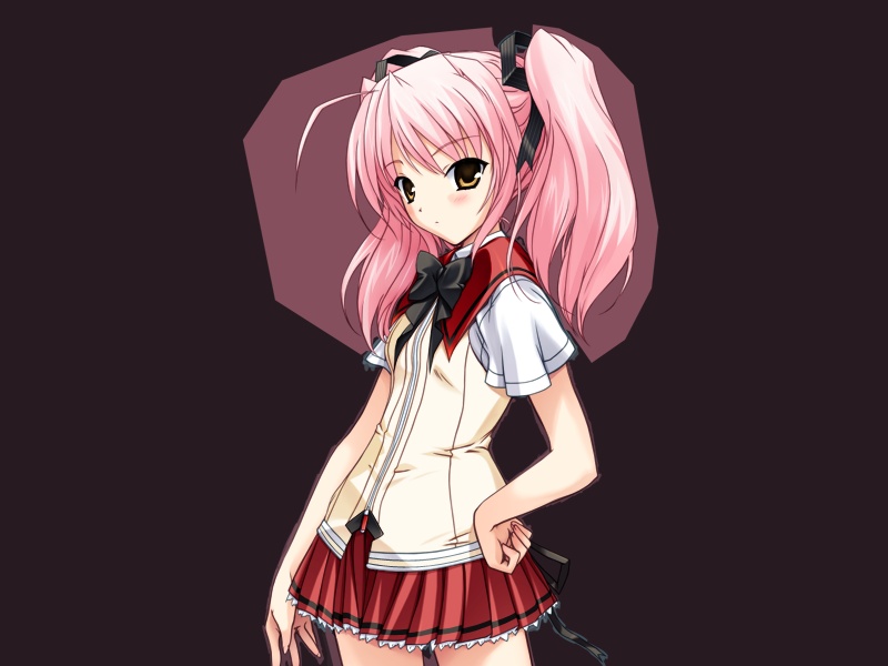 onigirikun, shihoudou narika, choukou (alicesoft), choukou sennin haruka, game cg, 00s, 1girl, blush, female focus, hair ribbon, pink hair, ribbon, school uniform, serafuku, simple background, solo, twintails