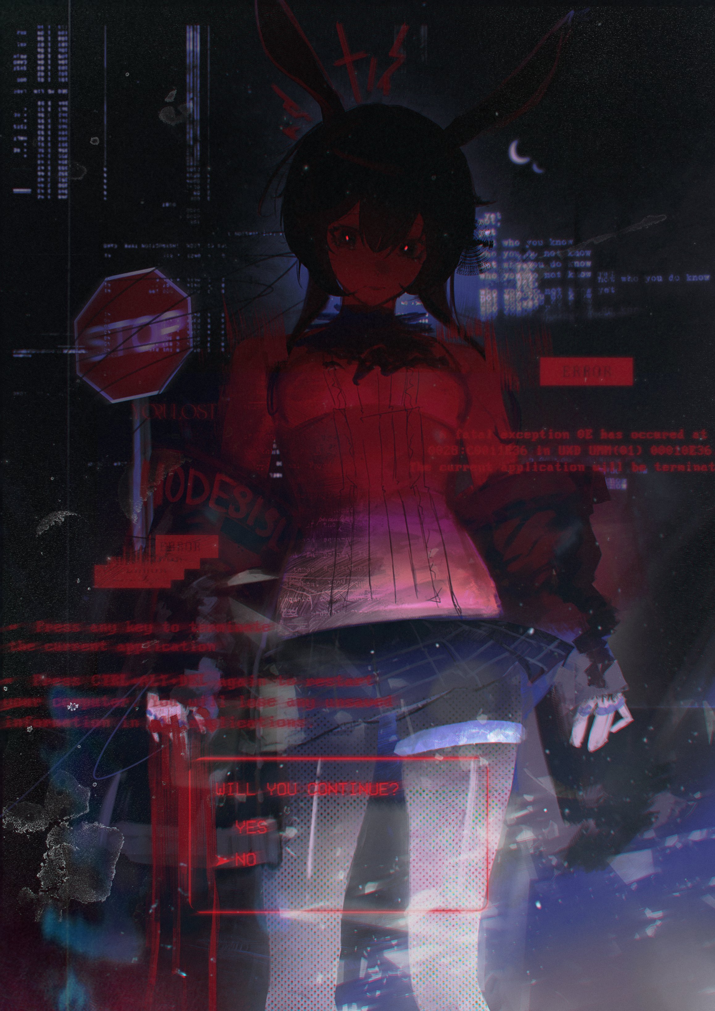 yorulost, amiya (arknights), arknights, absurdres, highres, 1girl, animal ears, black jacket, blue shorts, closed mouth, hair between eyes, jacket, long hair, looking at viewer, low twintails, rabbit ears, rabbit girl, shirt, shorts, sidelocks, solo, staring, twintails, white shirt